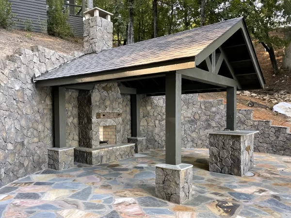 Patio with built-in fireplace