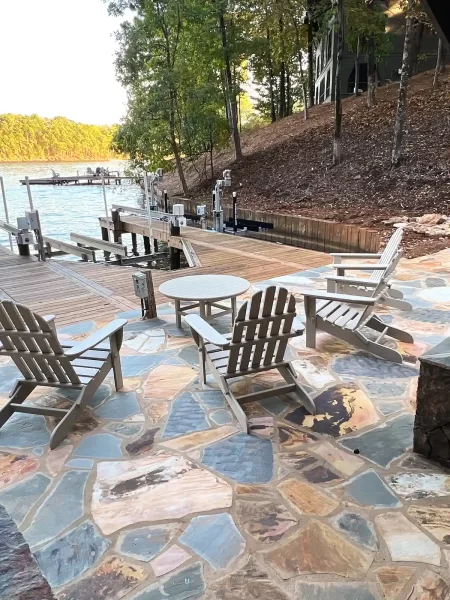 Decorative stone patio facing Lake Martin dock